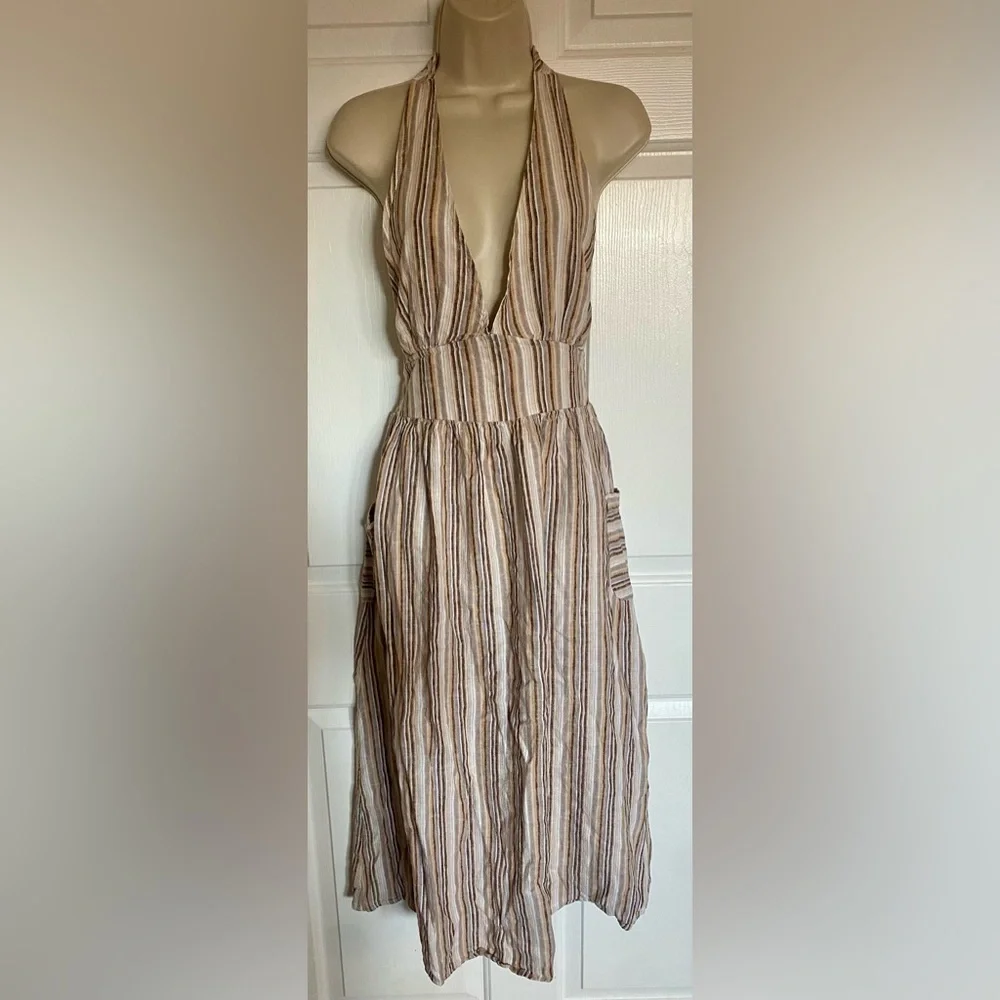 Indigo Rein Midi Dress Linen Brown Beige Stripe Halter V Neck Boho Size Small - Picture 2 of 6